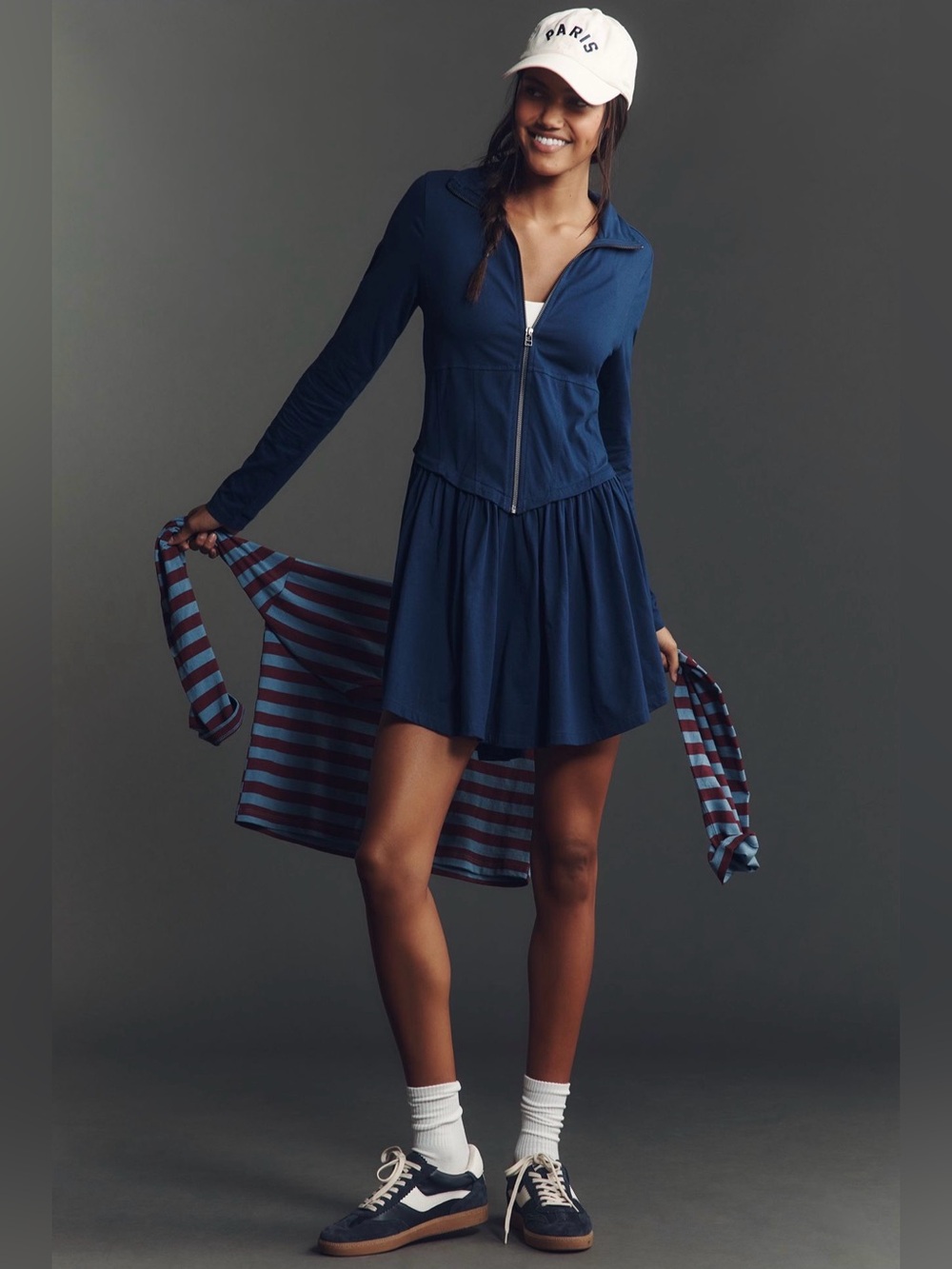 NWT Daily Practice Taylor Long Sleeve Zip Front Mini Dress XXS Navy Cotton